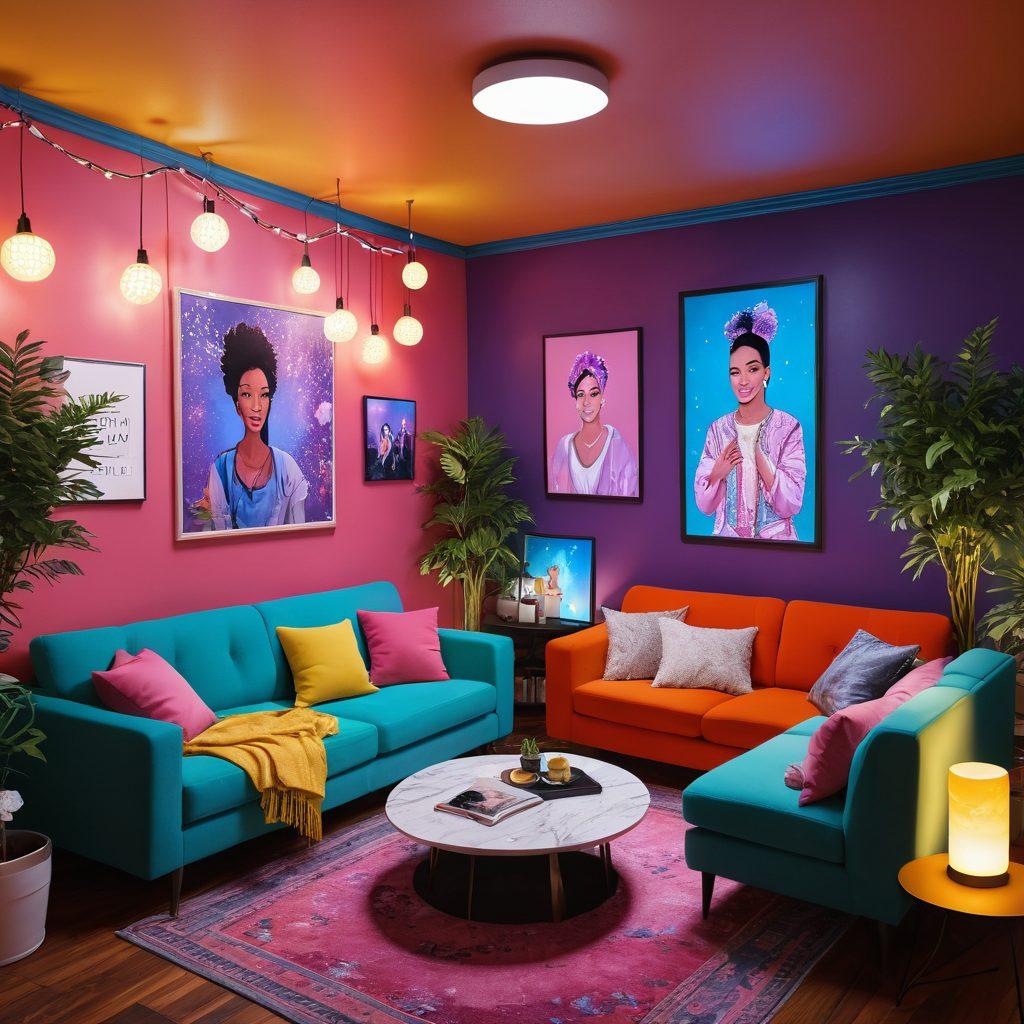 A lively virtual queer space filled with diverse individuals engaging in intimate conversations and creative activities. Vibrant digital art of a cozy, colorful room with plush seating, fairy lights, and virtual reality elements, emphasizing connection and inclusivity. Features avatars of various genders and ethnicities interacting through holographic displays, with a warm and inviting atmosphere. super-realistic. vibrant colors. 3D.