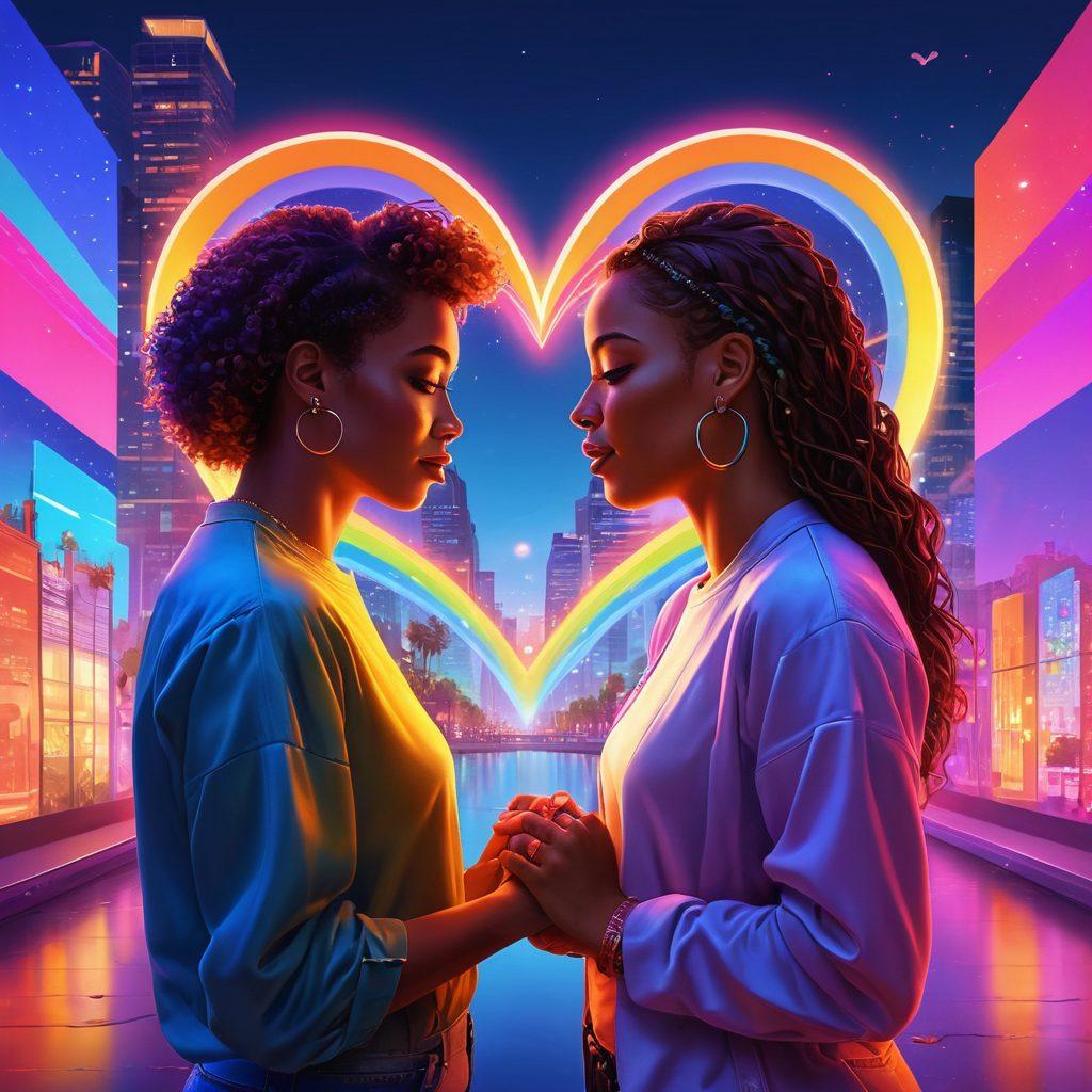 A vibrant digital landscape depicting diverse individuals engaging in virtual connections through glowing screens, adorned with colorful elements symbolizing love, freedom, and inclusivity. Show abstract representations of the LGBTQ+ community and intertwining hearts in a harmonious setting, capturing joy and connection. The atmosphere should be lively and pulsating with energy, with rainbow hues illuminating the scene. super-realistic. vibrant colors. digital art.