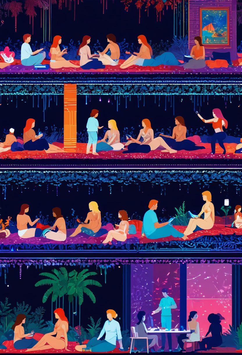 A vibrant digital tapestry showcasing diverse erotic online communities. Include representations of various individuals engaging in creative activities, like drawing or coding, within pixel art styled environments. Elements of technology, like glowing screens and abstract shapes, envelop the scene. Emphasize a sense of connection and celebration of sexuality in a playful, colorful manner. pixel art. vibrant colors.